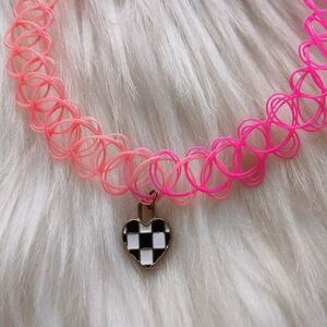 Pink Tattoo Choker Necklace Black & White Checkered Heart Charm Valentine's Day